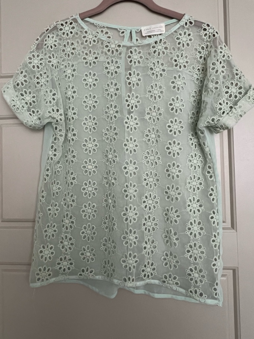 Zara Mint Eyelet Short Sleeve Top
